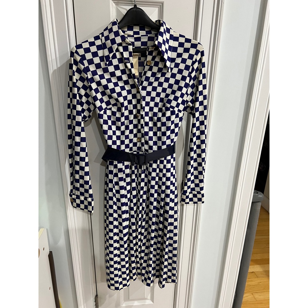 Vintage Navy Blue White Checkered Button Down Belted Pleated Midi Shirt Dress
